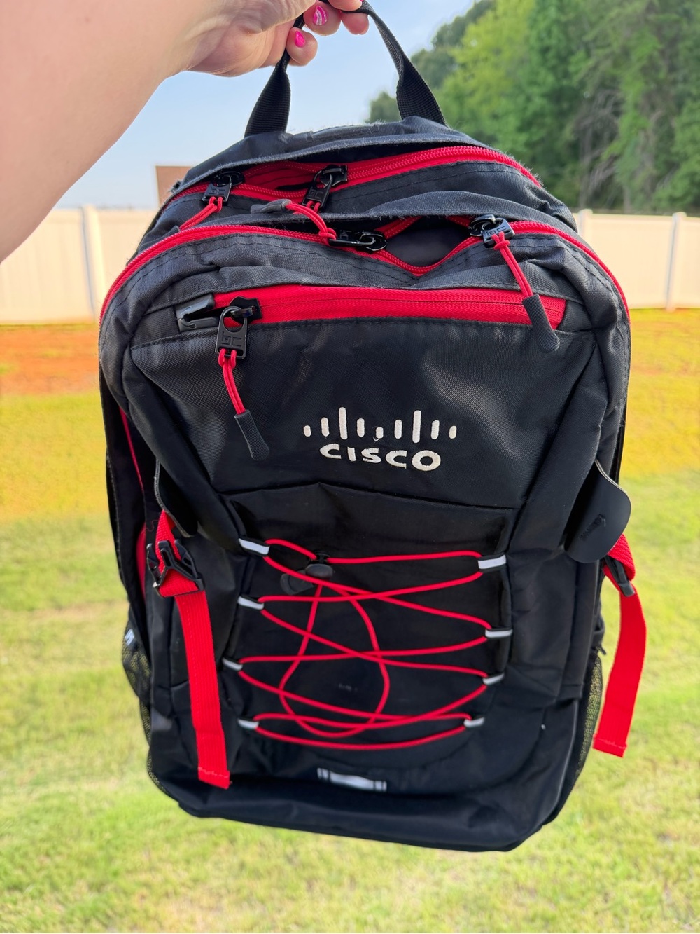 Cisco Black and Red Tech Backpack with External Bungee
